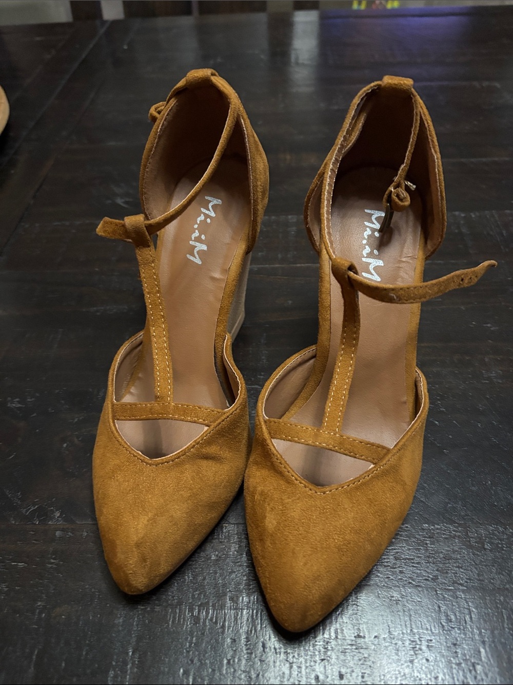 MIA Cognac T-Strap Pointed Suede Heels